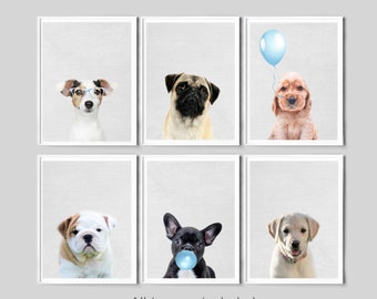Cute Puppies, Nursery Wall Art, Dog Prints, Set of 6, Light Blue Posters, pug Print, Labrador Printable Art, bulldog Print, Kid Bedroom, Boy