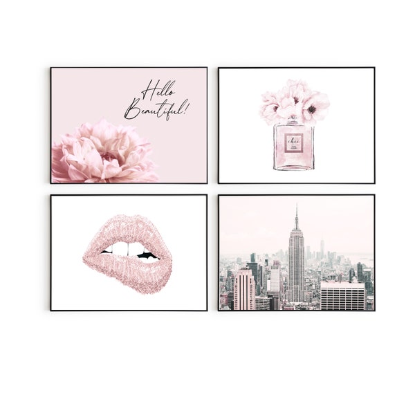 blush pink wall art, fashion prints, pink dahlia poster, pink lips art, new york printable, perfume print, set of 4,hello beautiful download