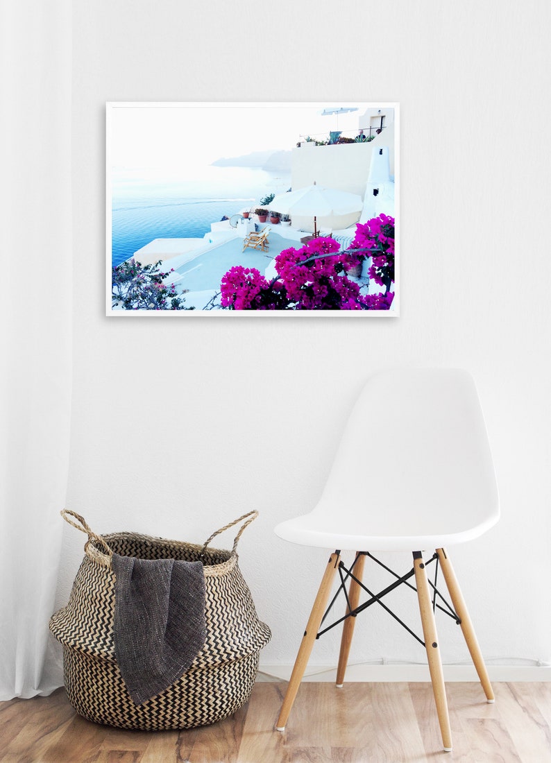 Santorini Print Greece Photography Santorini wall art Relax wall decor Sea print Ocean wall decor Greek islands print bougainvillea print image 2