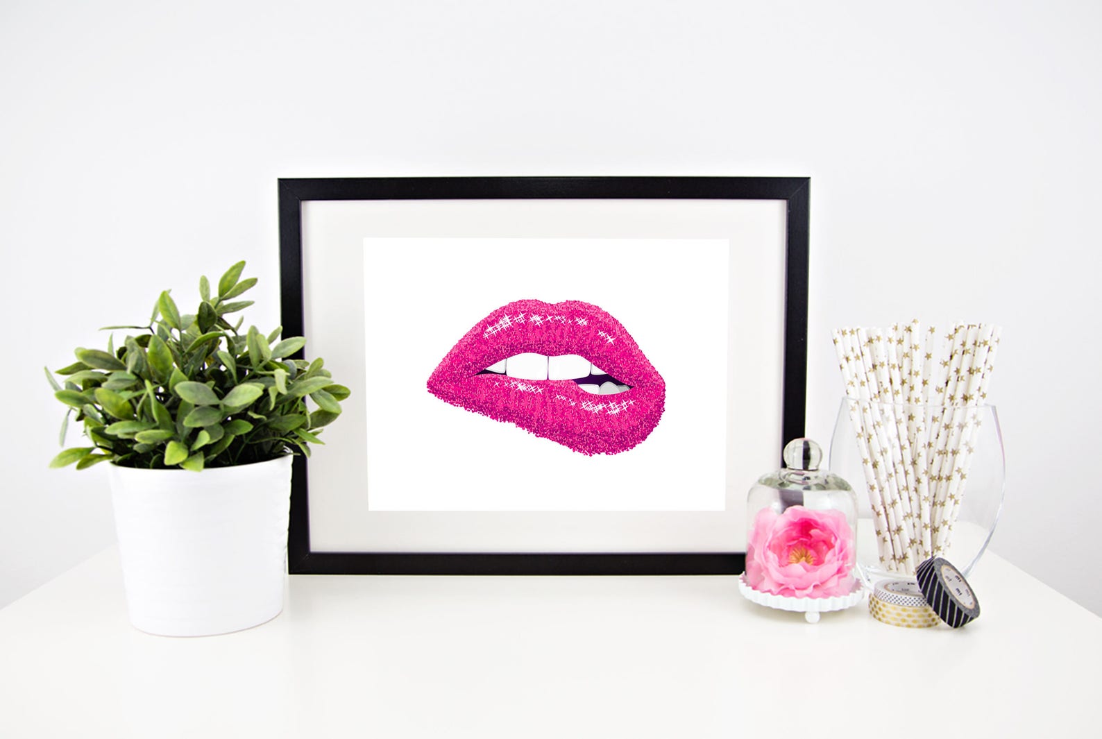 Pink Lips Print Fashion Wall Art Sparkle Lips Poster Etsy Canada