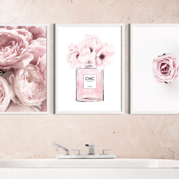 Perfume Pink poster, Peonies wall art, blush pink set, pink rose printable, nursery art, bedroom walls,vanity decor, fashion download