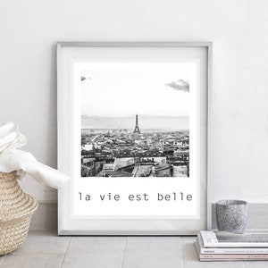 Paris print, la vie est belle, black and white wall art, digital download, Scandinavian decor, minimal, Eiffel tower poster, Paris printable