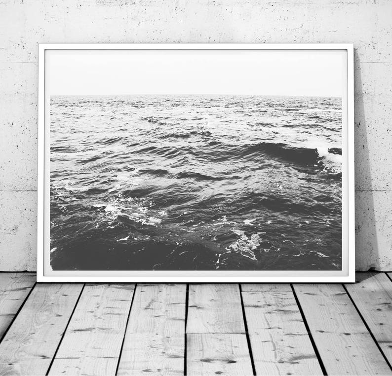 sea print, ocean wall art, black and white, calm sea photography, coastal print, minimal decor, waves print,nautical decor, digital download image 3