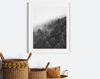 Black and White Foggy Forest Print, Scandinavian Nature Poster (Digital Download)