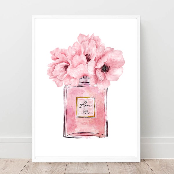 Love perfume print, Pink wall art, Perfume poster, Fashion Paris Art, Vanity Decor, Dressing room Decor, Digital Download, Bedroom decor