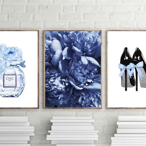 fashion prints, light blue wall art, set of 3, blue peonies, chic Paris perfume art,light blue heels print,bedroom wall art,digital download