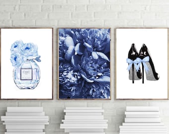 Light Blue Peonies Fashion Prints, Chic Paris Perfume Art Set of 3 (Digital Download)