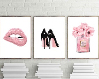 love paris prints, lips poster, perfume print, fashion wall art, pink heels art, perfume poster, set of 3,digital download, bedroom poster