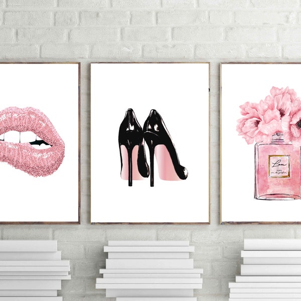 love paris prints, lips poster, perfume print, fashion wall art, pink heels art, perfume poster, set of 3,digital download, bedroom poster