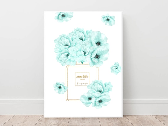 Paris Perfume Print, Teal Peonies, Vanity Wall Art (Digital Download)