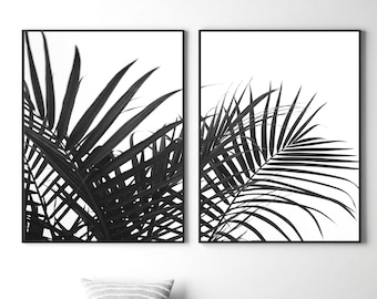 Black and White Palm Leaf Print Set, Tropical Wall Art (Digital Download)