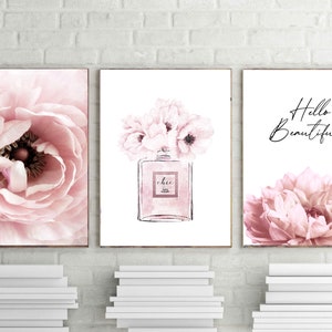 impressions de mode, affiche de parfum, art mural rose poudré, affiche de pivoine rose, dahlia à imprimer, art de pétales de rose, lot de 3, bonjour belle téléchargement