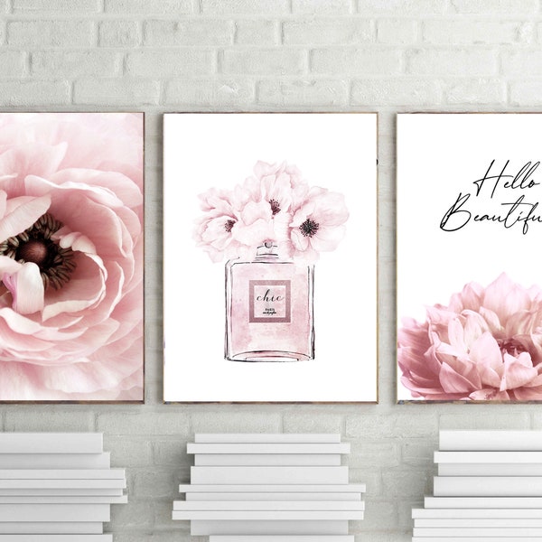 fashion prints, perfume poster,blush pink wall art, pink peony poster, dahlia printable, pink petals art, set of 3, hello beautiful download