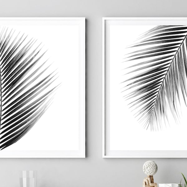 Palmblätter Kunstdruck, Schwarz-Weiß, 2er-Set, Palmenfotografie, druckbare tropische Kunst, Minimalistisches Poster, Palmblatt, Digitale Kunst