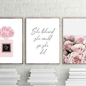 Póster de rosas rosas, estampados de moda, arte de pared rosa ruborizado, estampado de perfumes, ella creía que podía citar carteles de moda imprimibles, de flores fijas