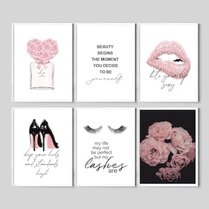 Póster de perfume, estampados de moda, rosas rosadas (juego de 6), arte mural de pestañas, estampado de tacones, arte mural para dormitorio, descarga de labios rosados, frases de moda.