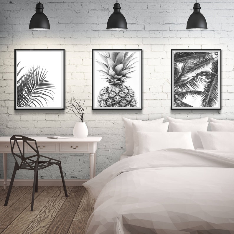 Palm leaves printable art, set of three, tropical prints, pineapple poster, black and white, minimal decor, palm tree wall art, digital art image 8