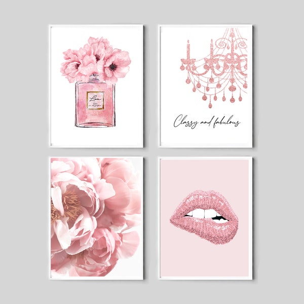 peony photography, classy and fabulous art, chandelier wall decor, perfume paris art, fashion wall art, bedroom decor, pink set of 4 prints