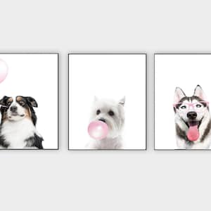 Cachorros lindos, arte de pared de vivero, impresión de Husky, juego de 3, cartel rosa claro, impresión de Westie, arte imprimible con globos, cartel de pastor, dormitorio de niñas