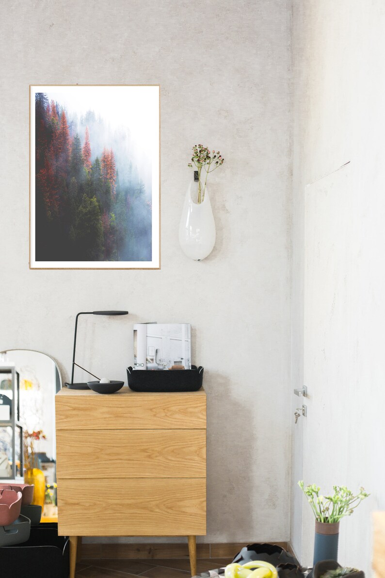 May include: A framed photograph of a misty forest with red and green trees. The photo is hanging on a white wall above a wooden dresser with three drawers. A black lamp and a magazine are on top of the dresser.