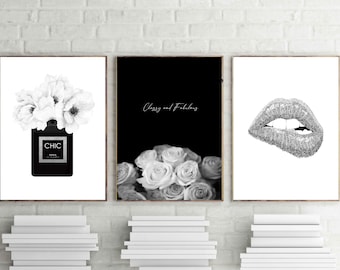 Parijse modeprints, rozen, parfum, set van 3 (digitale download)