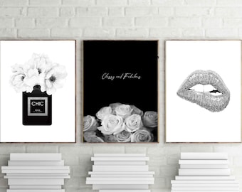 Fashion Paris prints, silver posters, Roses wall art, set of 3, paris perfume, classy and fabulous, bedroom decor, black and white download