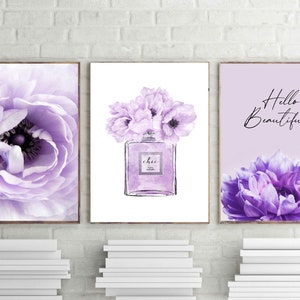 fashion prints, lilac perfume poster, dahlia printable, lavender petals art, set of 3, hello beautiful download, girls bedroom, teens decor