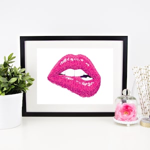 pink lips print, fashion wall art, sparkle lips poster, fuchsia lips wall decor, powder room print, vanity wall art, bathroom, gift for her