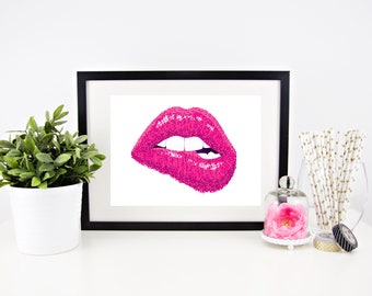 pink lips print, fashion wall art, sparkle lips poster, fuchsia lips wall decor, powder room print, vanity wall art, bathroom, gift for her