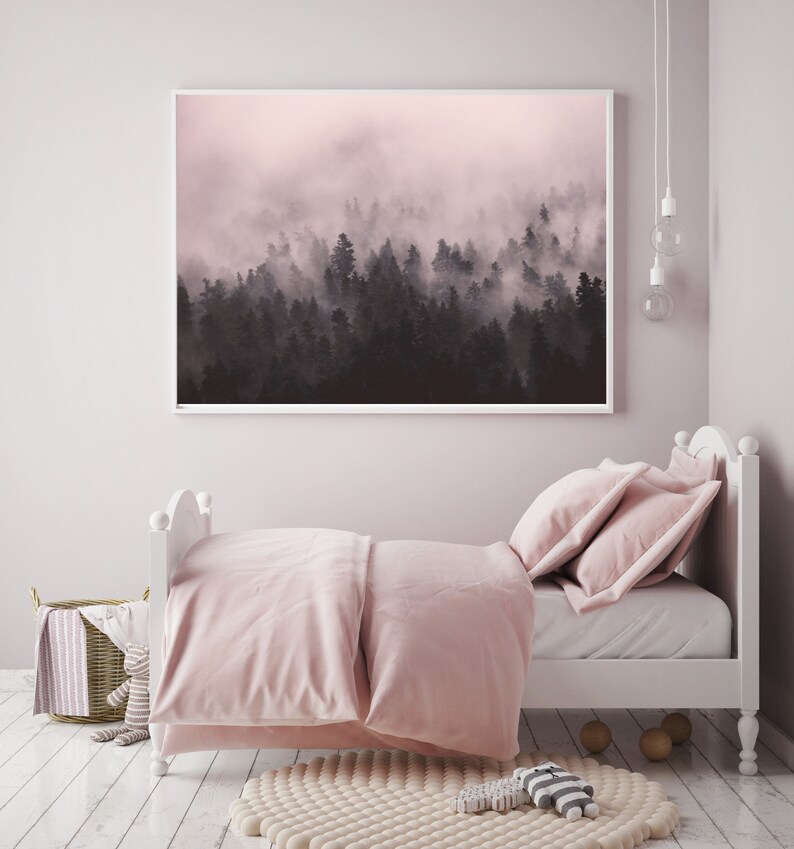 Pink Foggy Photography Mountain Poster Foggy Mountain Print Forest Fog Print Scandinavian wall art Nordic Nature Print Minimal Art
