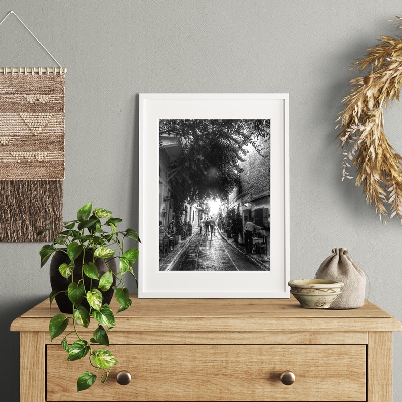 Greece print, Athens printable art, black & white photography, people photography, Athens wall art, plaka anafiotika print, digital download image 2