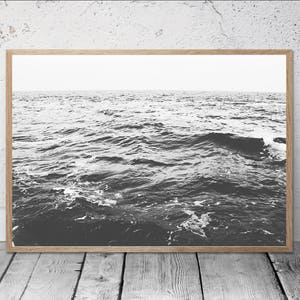 sea print, ocean wall art, black and white, calm sea photography, coastal print, minimal decor, waves print,nautical decor, digital download image 1