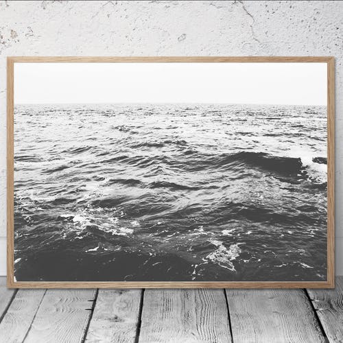 Impression mer noir et blanc, photographie océan calme, art mural côtier (téléchargement numérique)