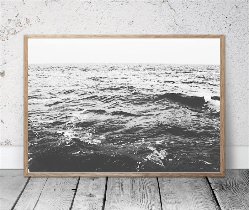 sea print, ocean wall art, black and white, calm sea photography, coastal print, minimal decor, waves print,nautical decor, digital download image 1