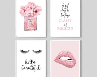 Perfume print, set of 4, Fashion wall art, Lips poster, blush pink printable art, pink quote for fashion, eyelashes print, hello beautiful