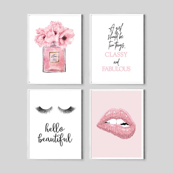 Perfume print, set of 4, Fashion wall art, Lips poster, blush pink printable art, pink quote for fashion, eyelashes print, hello beautiful