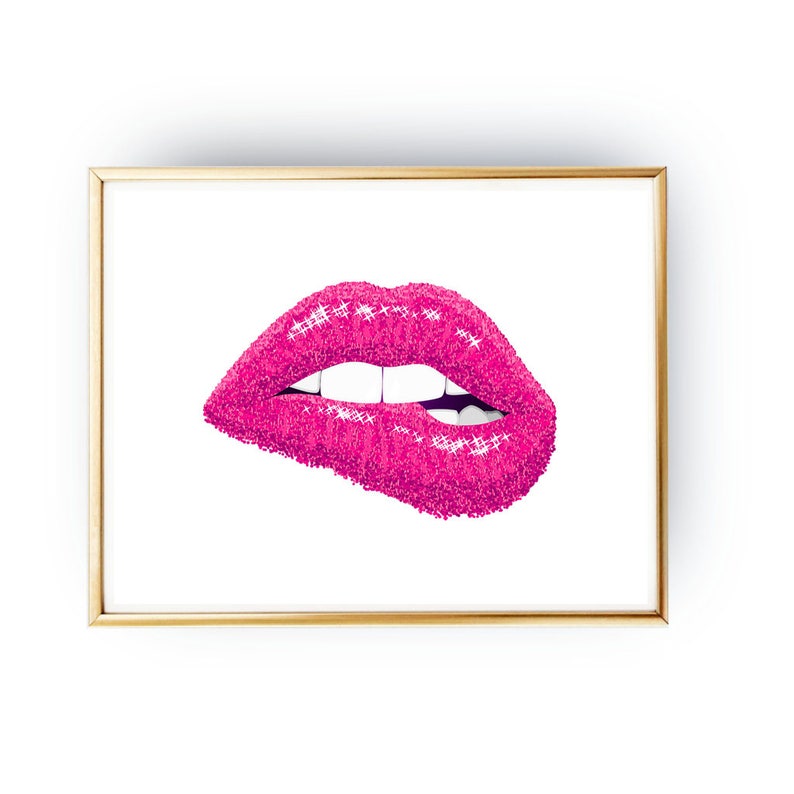 Pink lips print fashion wall art sparkle lips poster Etsy