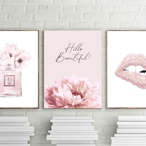 blush pink wall art, fashion prints, pink dahlia poster, pink lips art, dahlia printable, perfume print, set of 3, hello beautiful download