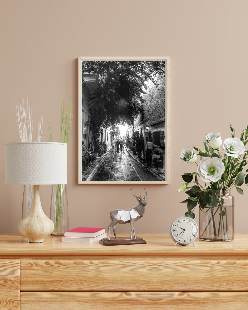 Greece print, Athens printable art, black & white photography, people photography, Athens wall art, plaka anafiotika print, digital download image 5