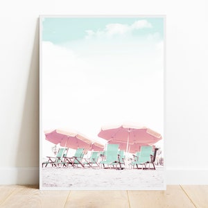 Pink Umbrellas Beach Print, Tropical Coastal Decor (Digital Download)