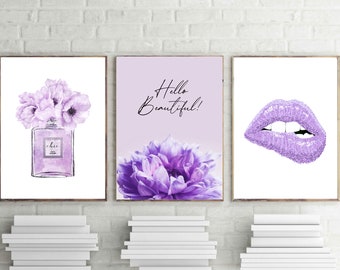 Lilac Fashion Prints, Purple Lips, Perfume Art, Set of 3 (Digital Download)