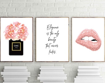 fashion prints, blush pink wall art, set of 3, chic perfume, coral pink flowers, dressing room poster, fashion quote,pink lips print,digital