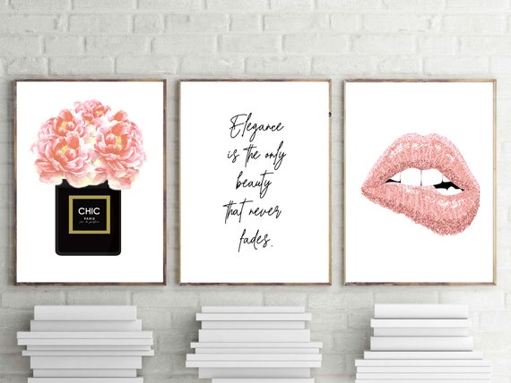 Fashion Prints, Blush Pink Wall Art, Set of 3, Chic Perfume, Coral Pink  Flowers, Dressing Room Poster, Fashion Quote,pink Lips Print,digital 