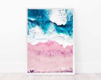 Roze zandstrandprint, luchtfoto oceaangolffotografie (digitale download)