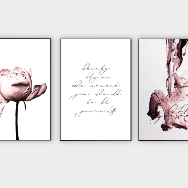 Modeprintset roze pioenroos, galeriemuurkunst (digitale download)