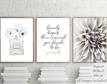 Fashion Wall Art, Chic and Glam Perfume Print, Set of 3, Black and gold Posters, dahlia art Print, Inspirational Quote, Dressing Room Art