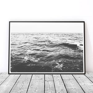 sea print, ocean wall art, black and white, calm sea photography, coastal print, minimal decor, waves print,nautical decor, digital download image 4