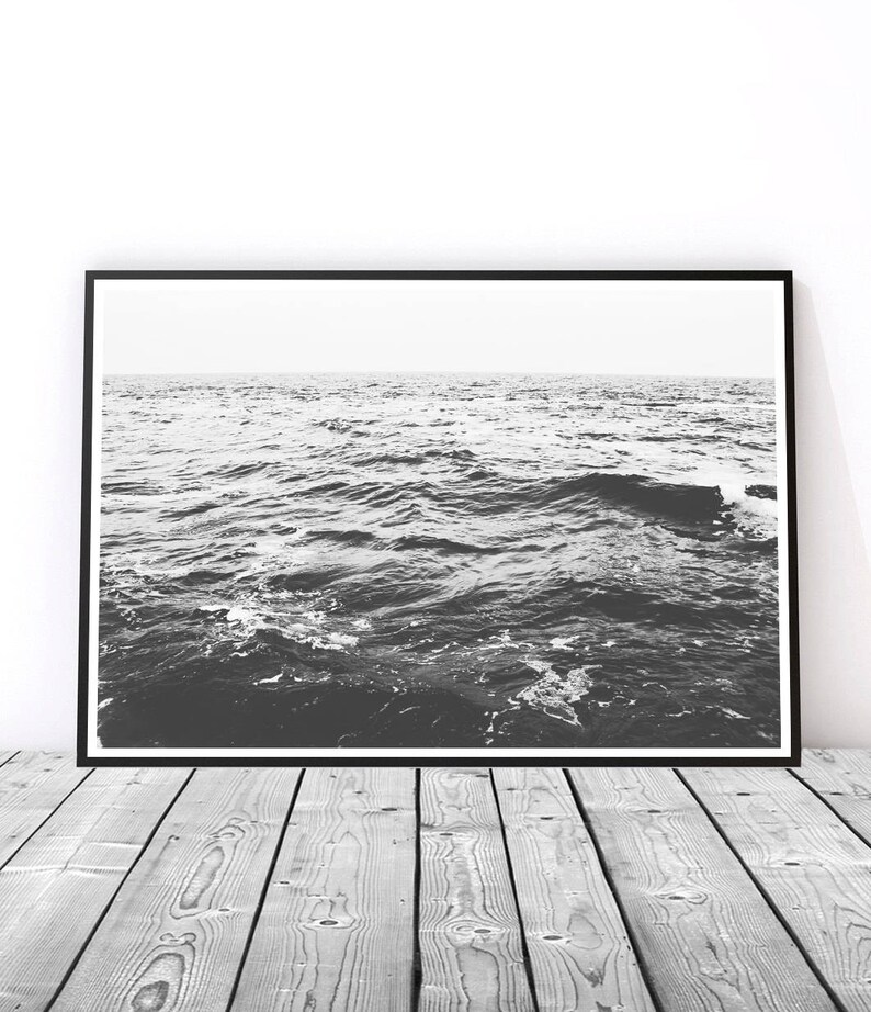 sea print, ocean wall art, black and white, calm sea photography, coastal print, minimal decor, waves print,nautical decor, digital download image 4