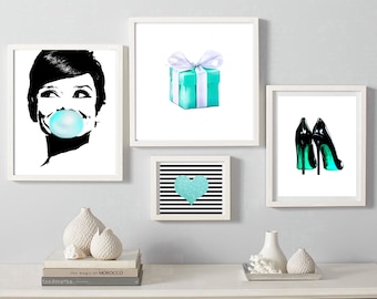 Audrey Hepburn Bubble Gum Prints, Teal Fashion Art (Digital Download)