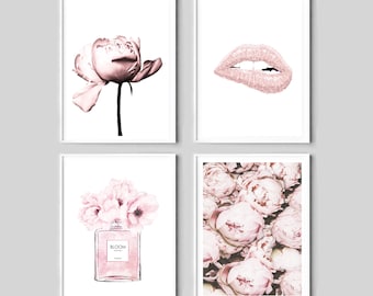 Fashion Art Set, Peonies Prints, Pink Fashion Posters, Perfume Print, Bloom Paris Parfum, Blush Pink Lips Print, bedroom Art, Peony Download